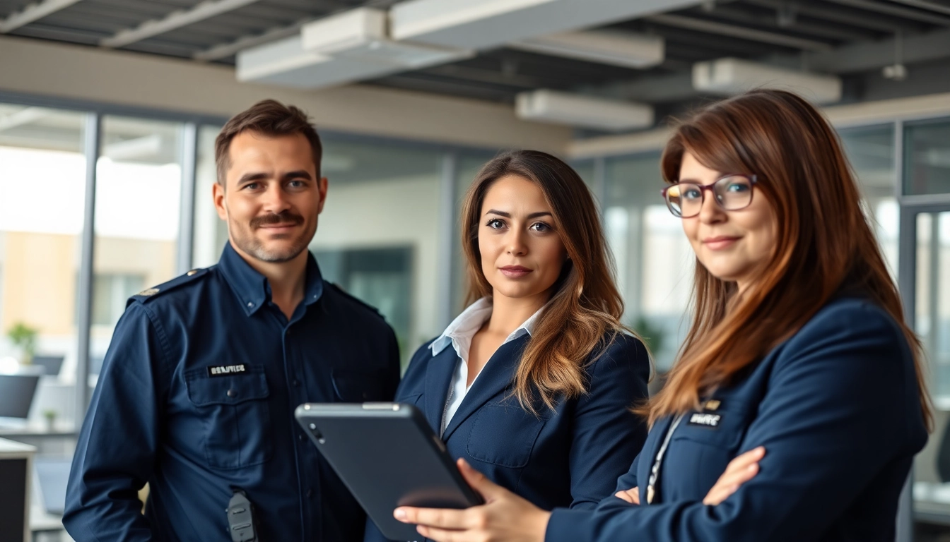 Security agency professionals collaborating in a corporate setting, showcasing teamwork and vigilance.
