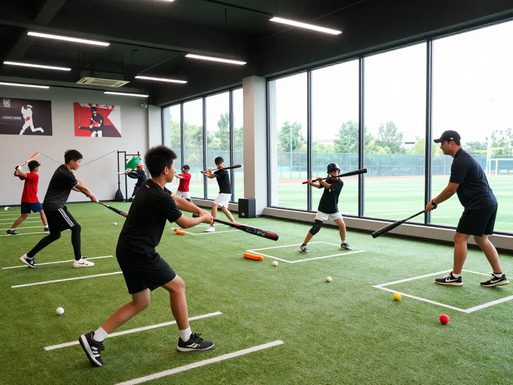 Young athletes training at hitclub batting facility, showcasing teamwork and skill development.