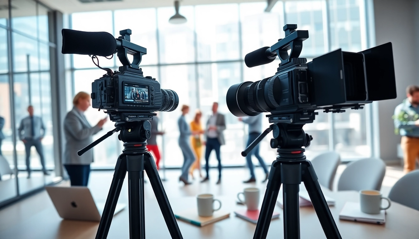 Capture the essence of corporate video production in a dynamic office event setting, showcasing active team engagement.