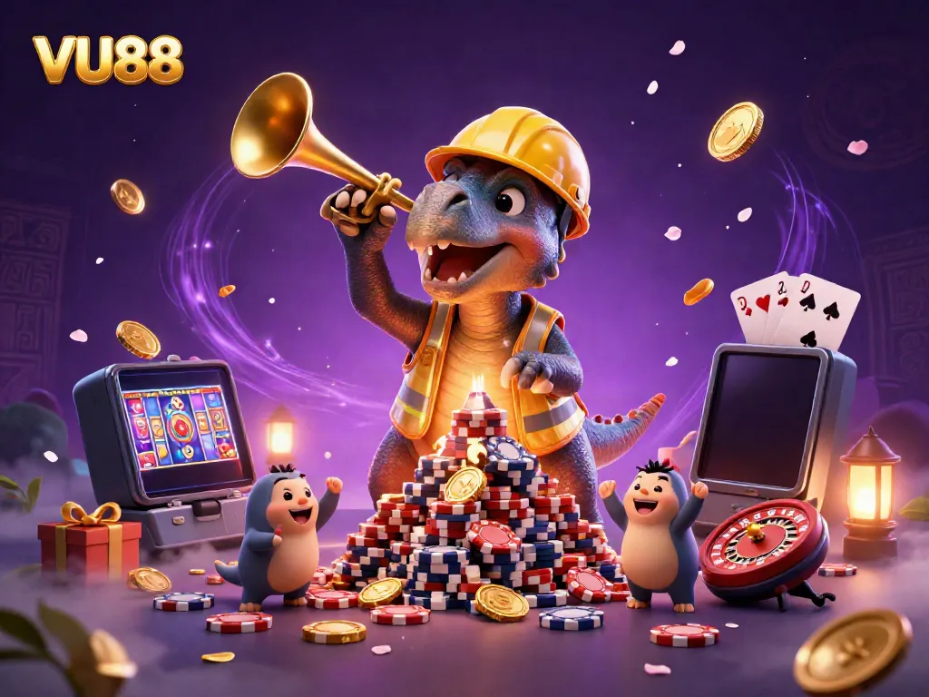 VU88 captivates with a vibrant 3D rendering showcasing a triceratops building a poker chip pyramid, celebrating wins in a casino scene.