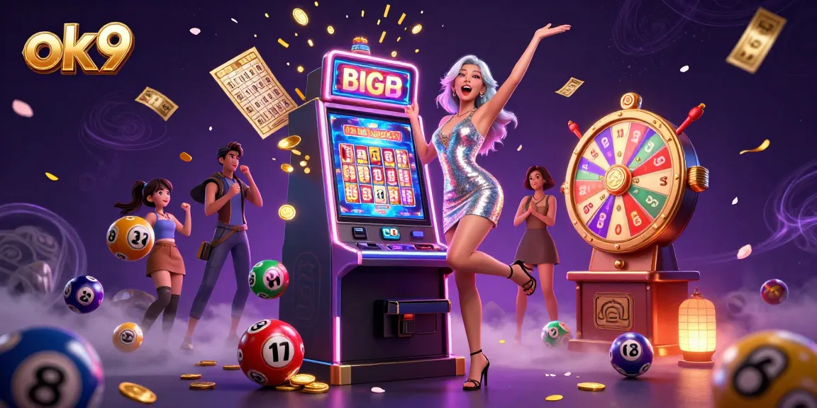 Experience the thrill with ok9, a dazzling casino scene featuring a joyful woman celebrating a winning jackpot.