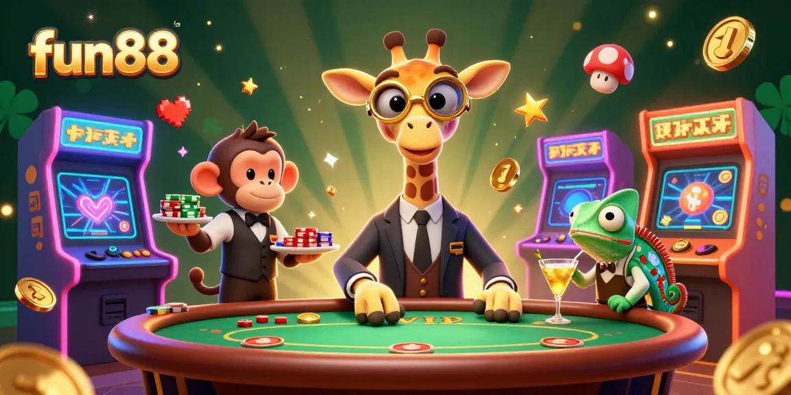 Fun88's lively casino scene with a giraffe high-roller and vibrant game elements