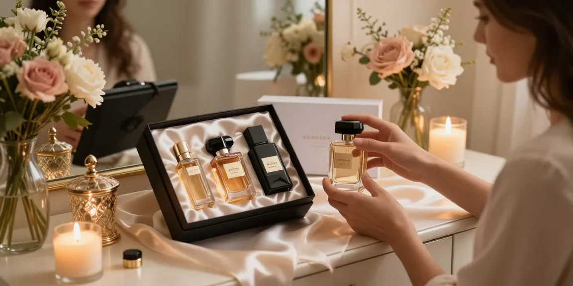 Perfume Gift Sets elegantly displayed on a vanity with floral touches and soft candlelight.