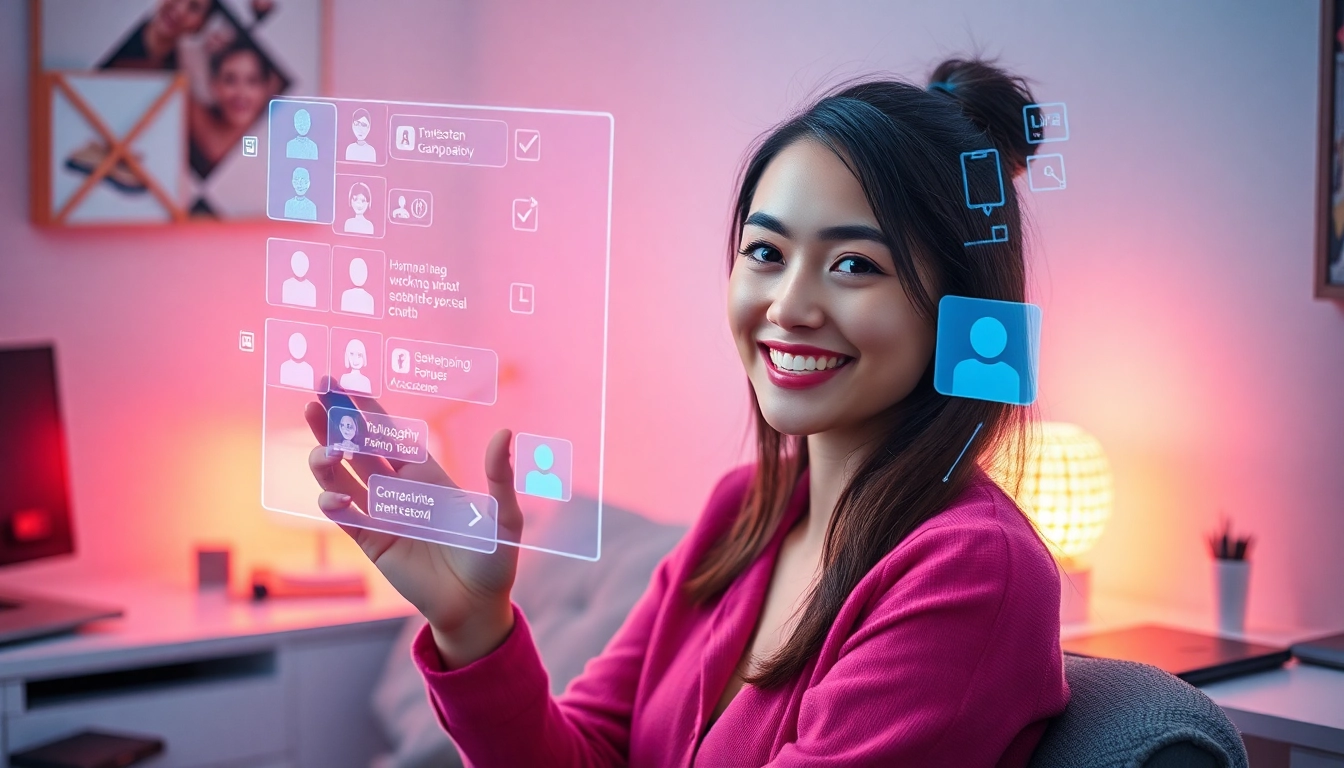 AI girlfriend interacting with a holographic interface in a cozy environment.