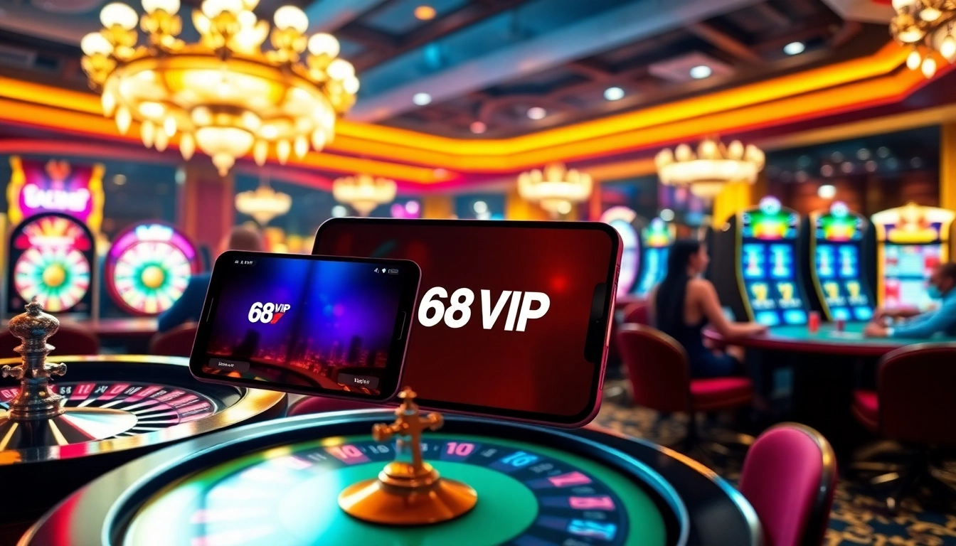 Tải App Nhà Cái 68VIP with exciting casino visuals featuring slot machines and poker tables.