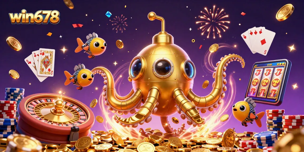 Experience thrilling wins at win678 with an action-packed 3D casino illustration featuring golden kraken and dynamic games.