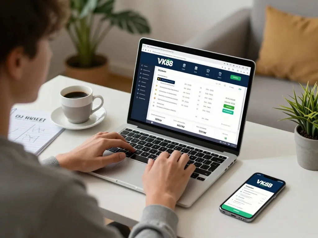 Engaged player using VK88's online betting interface in a cozy home office setting.