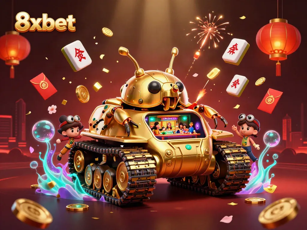 Experience the lively 8xbet gaming scene with a dynamic 3D illustration of a golden beetle tank casino.