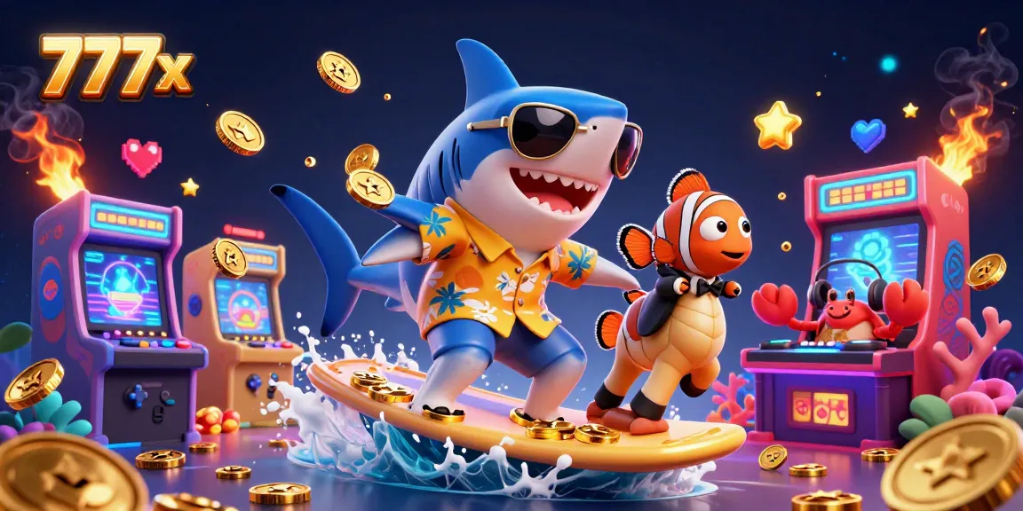 Surf at 777x's vibrant casino with wild cartoon characters and glowing game elements.