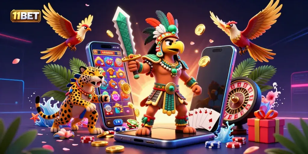 Experience the thrill of gaming with 11BET, illustrated through vibrant Aztec warriors, slot games, and dynamic elements.
