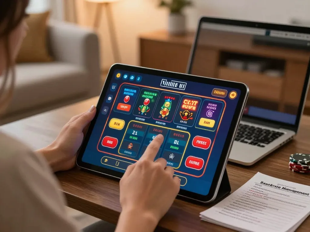 Online gaming at Nhà cái SHBET with tablet showing vibrant casino interface and responsible gambling strategy.