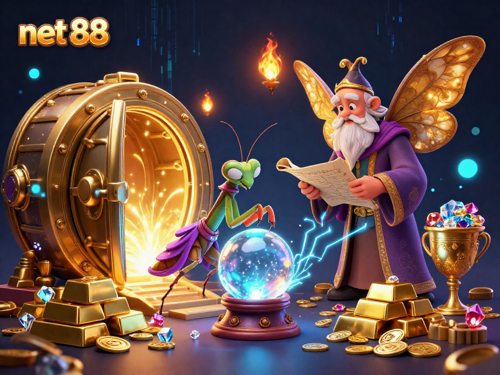 Engage with net 88's vibrant casino world featuring fortune teller characters and golden treasures.