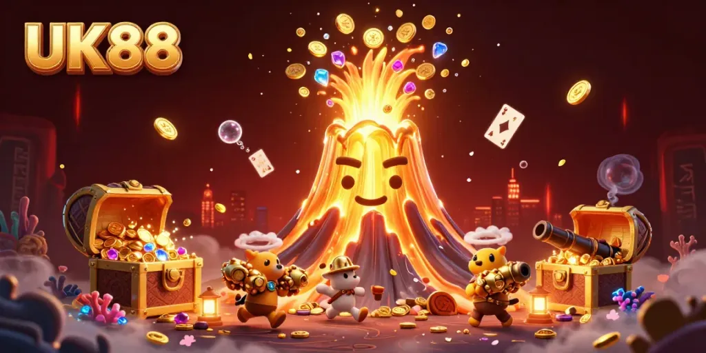 Engage in thrilling gameplay at UK88 with a vibrant 3D volcano erupting coins and treasures.