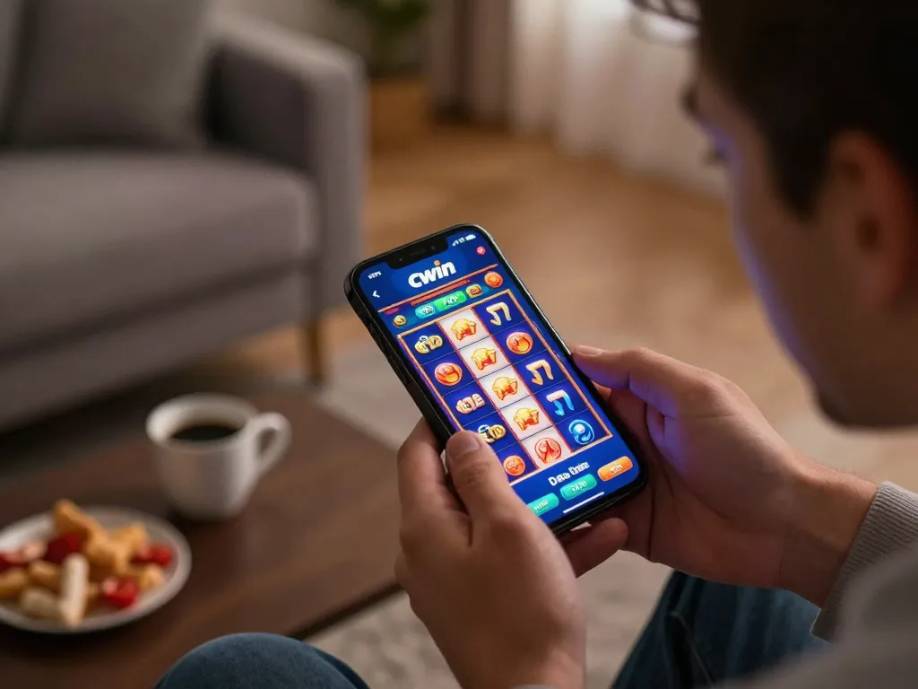 Cwin app engaging player celebrating a jackpot win on a smartphone in a cozy living room.