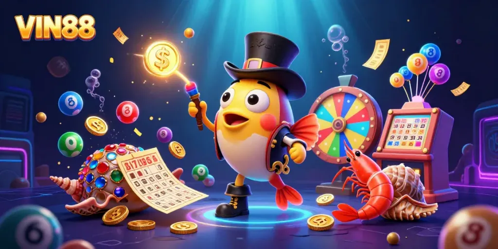Experience immersive gambling at VIN88 with an exciting underwater scene of gaming characters and vibrant elements.