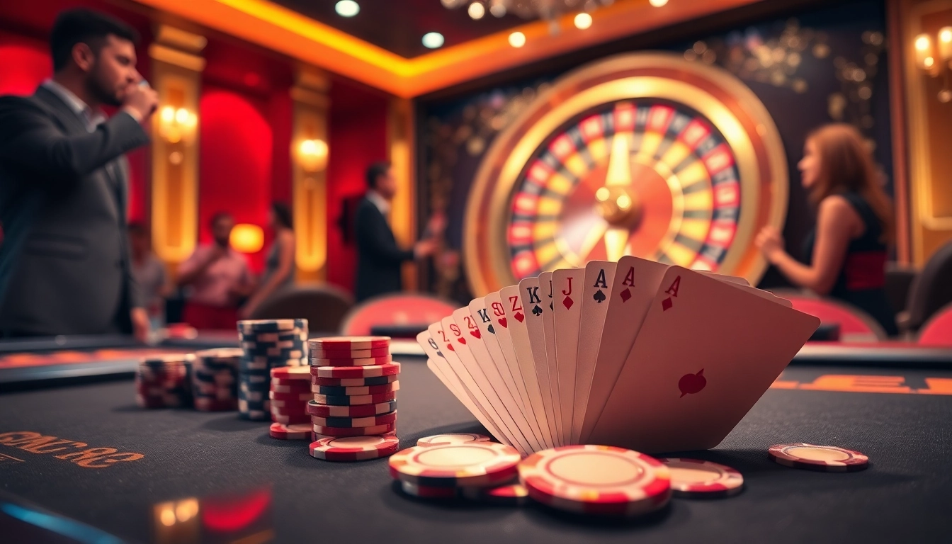 An exhilarating gaming scene at open88, showcasing a modern casino table with vibrant poker chips and spinning roulette wheel.