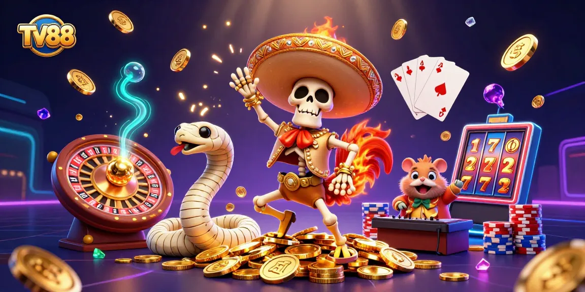 Experience the excitement of TV88 as vibrant characters celebrate with golden coins and casino elements.