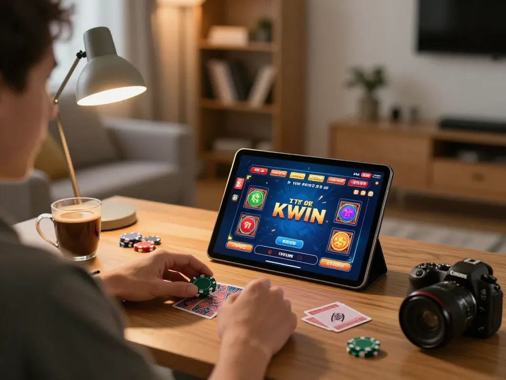 KWIN online casino gaming experience at home on a tablet with chips and cards in hand, capturing excitement and strategy.