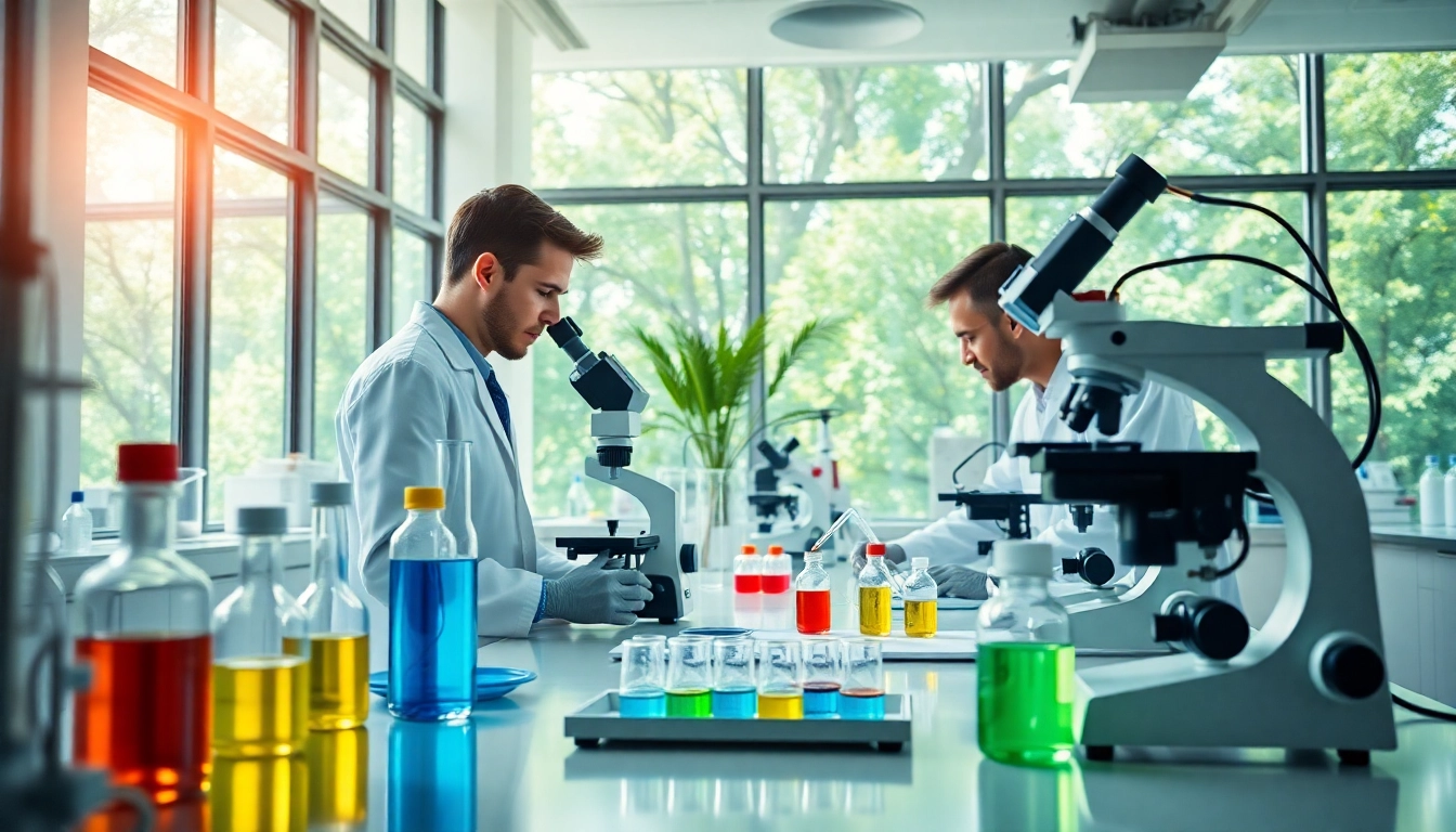 Explore Peptides UK research in a modern laboratory with scientists analyzing samples.