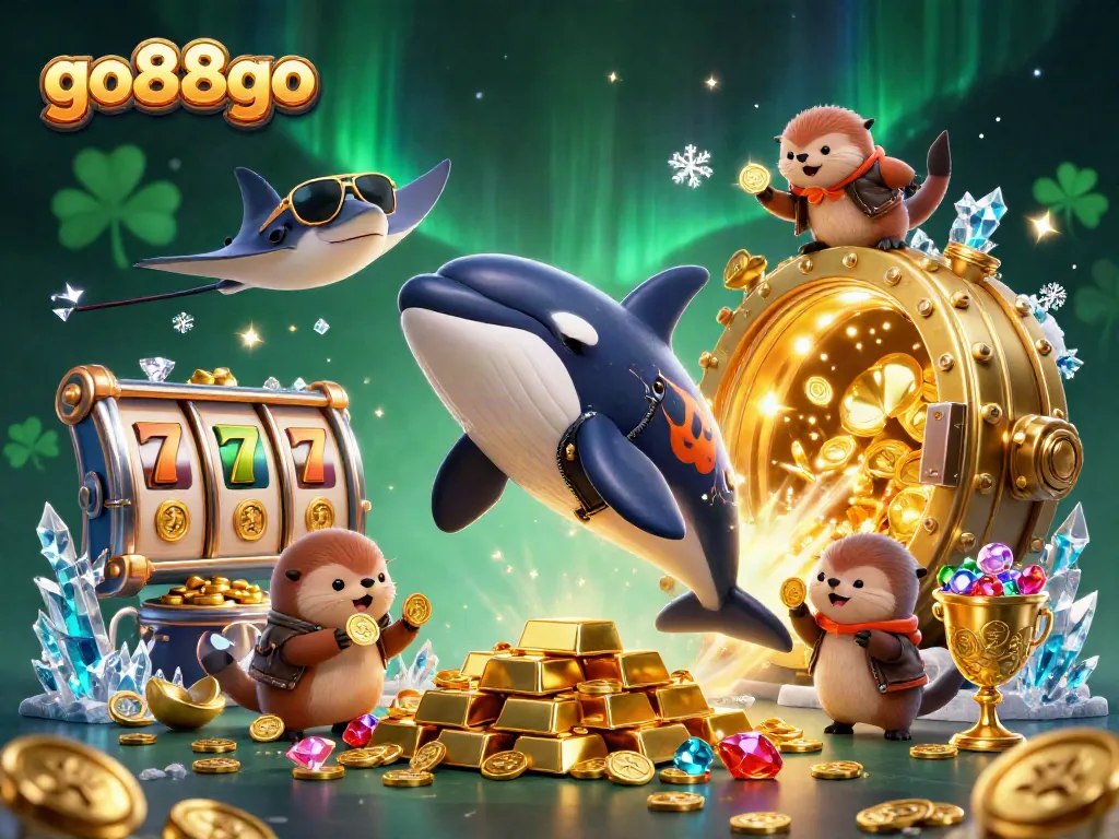 Experience exciting games at go88go with this vibrant 3D casino scene featuring a jumping orca and charming sea otters.