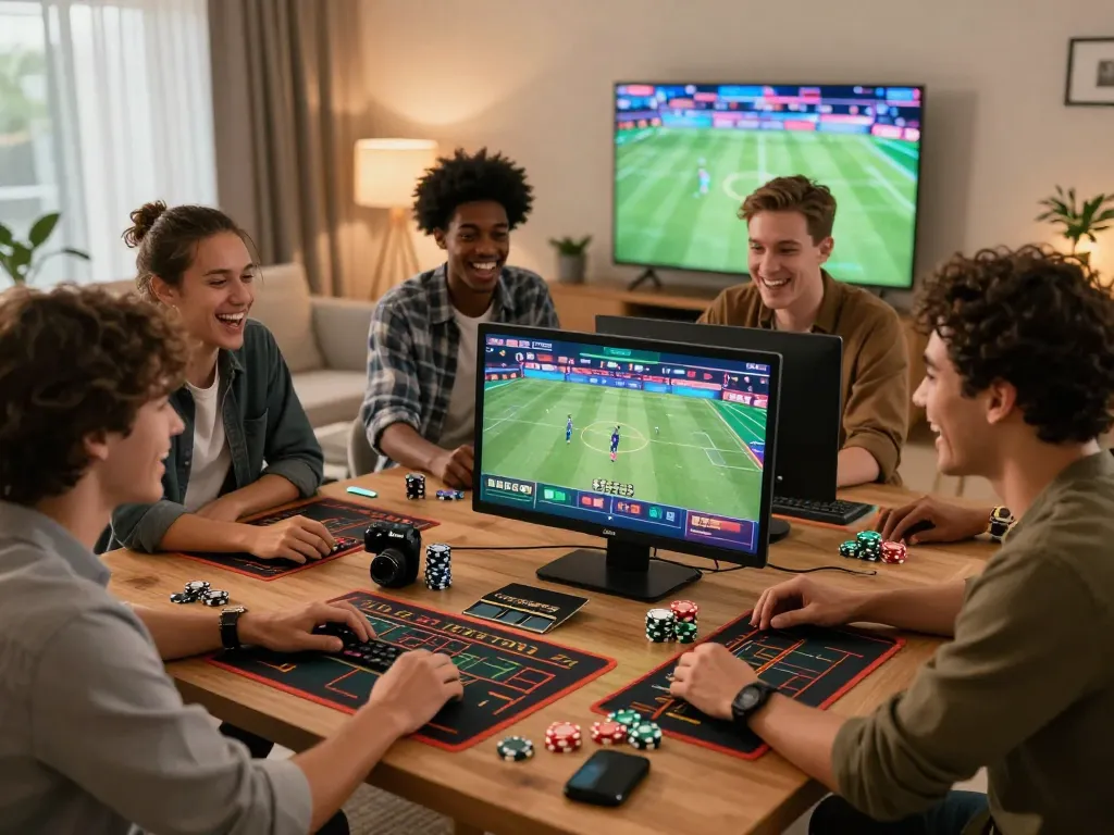 Group enjoying online gaming at https://rikbet.in.net/ with vibrant sports graphics and lively atmosphere.