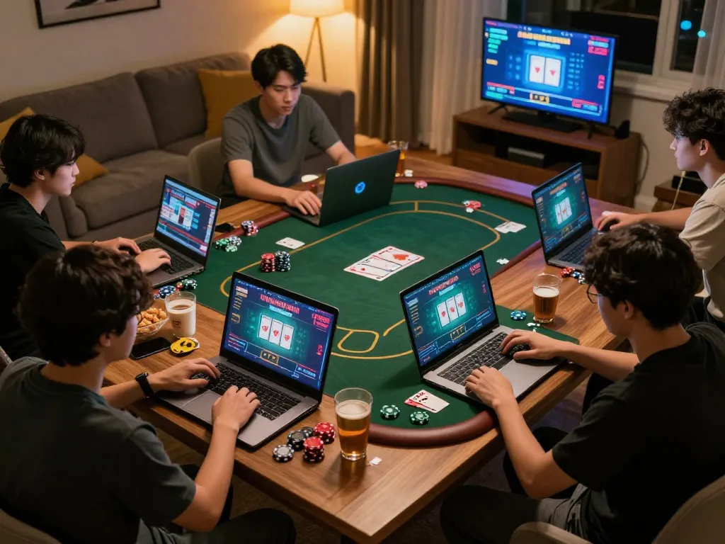 Players engaging in a 7m online poker game in a cozy setting, showcasing strategic gameplay and virtual interaction