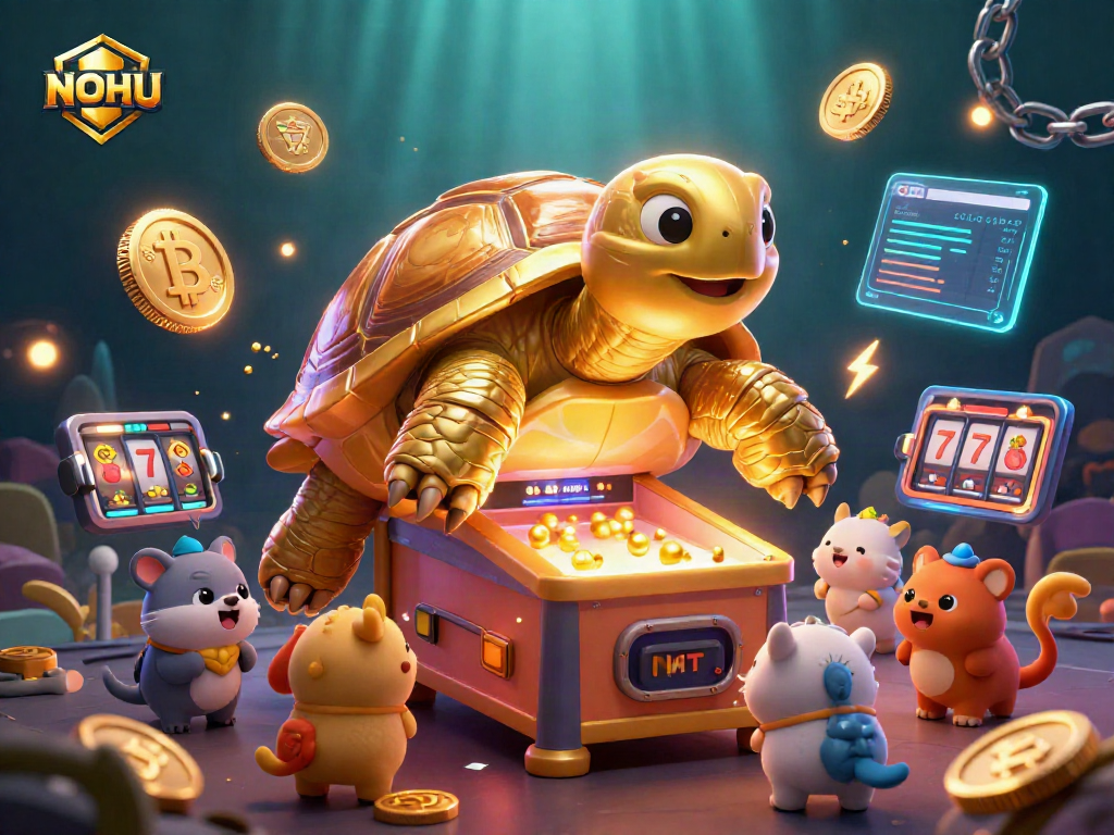 Experience thrilling slot games with NOHU's golden tortoise and crypto-themed elements.