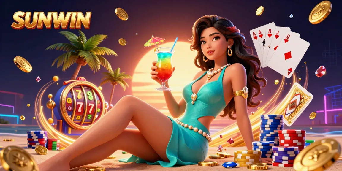 SUNWIN casino illustration featuring a glamorous Asian woman enjoying a tropical cocktail surrounded by lively game elements and a beach backdrop.