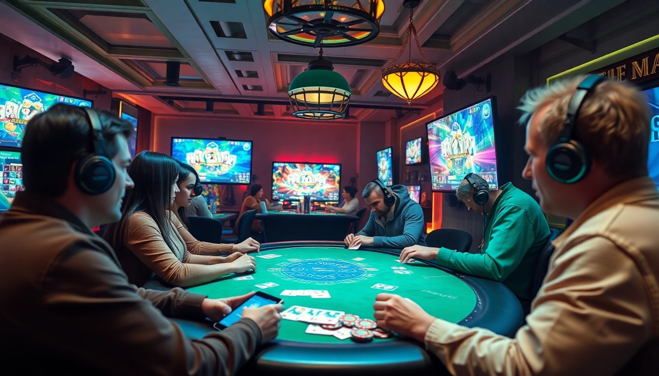 A vibrant online gaming scene showcasing players engaging with card games on topgamebaidoithuong.mx, highlighting excitement and community.
