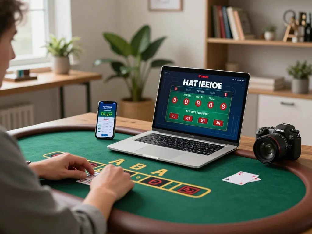 Player engaging in blackjack on nk88 platform from cozy home setup with laptop and smartphone.