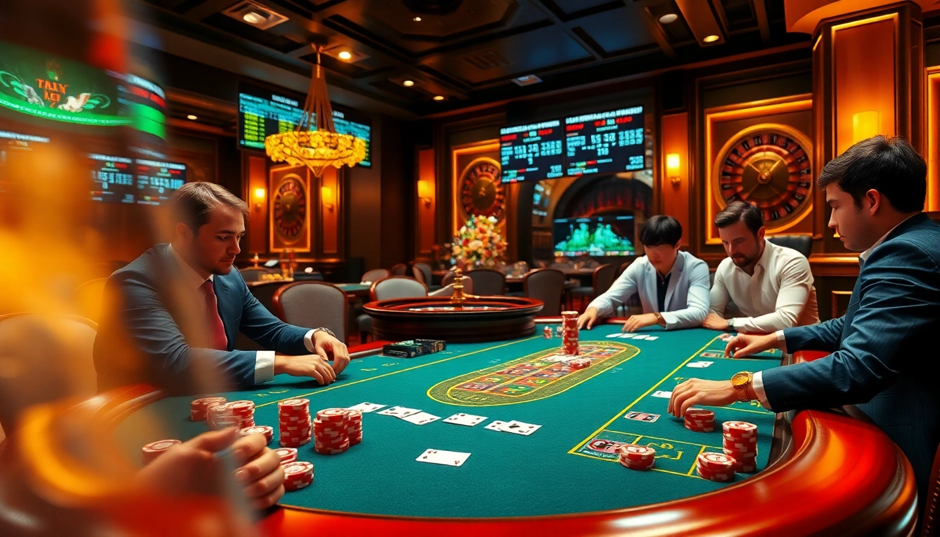 Engaging players at a poker table representing high-stakes excitement at https://jbo.center/ with vibrant chips and cards.