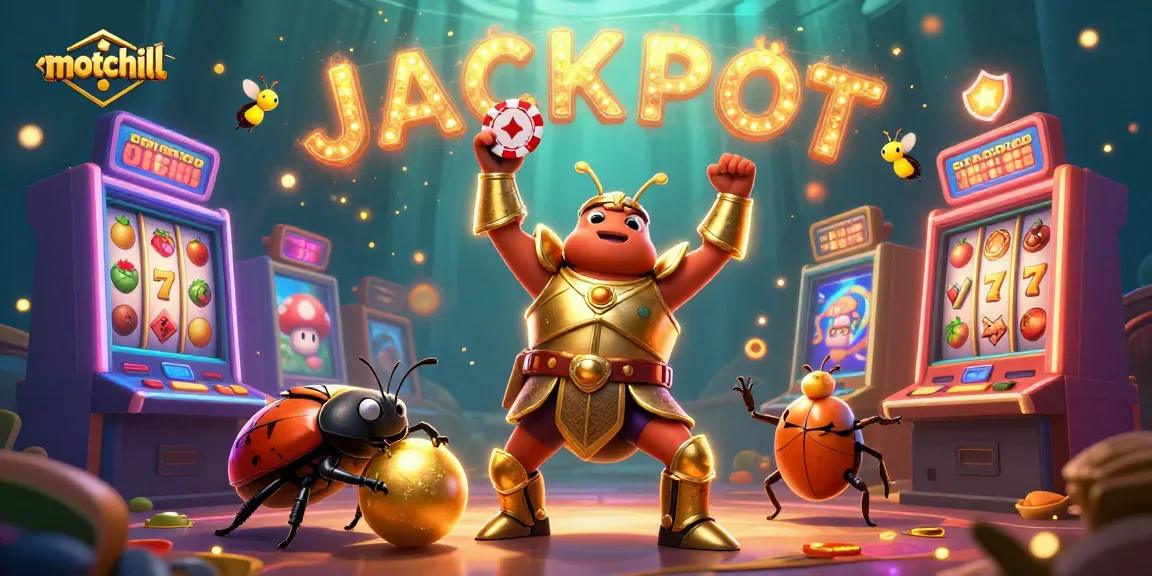Win big at motchill with vibrant 3D casino illustration showcasing a victorious beetle and dynamic slot machines.