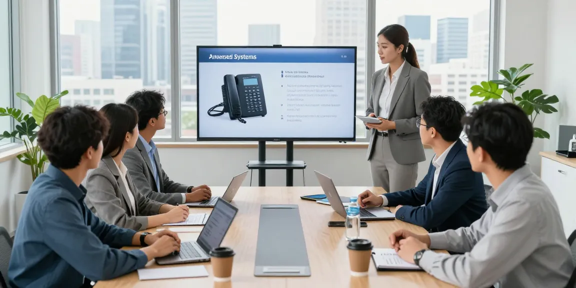 Team collaborating on office phone systems solutions in a modern conference room, showcasing advanced communication technology.