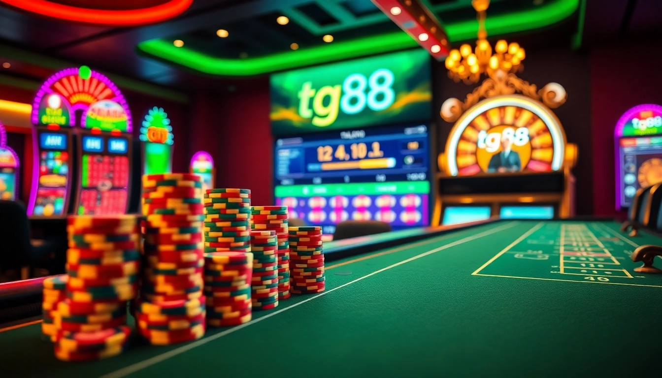 Exciting poker action at tg88 casino with vibrant chips and roulette wheel in the background.
