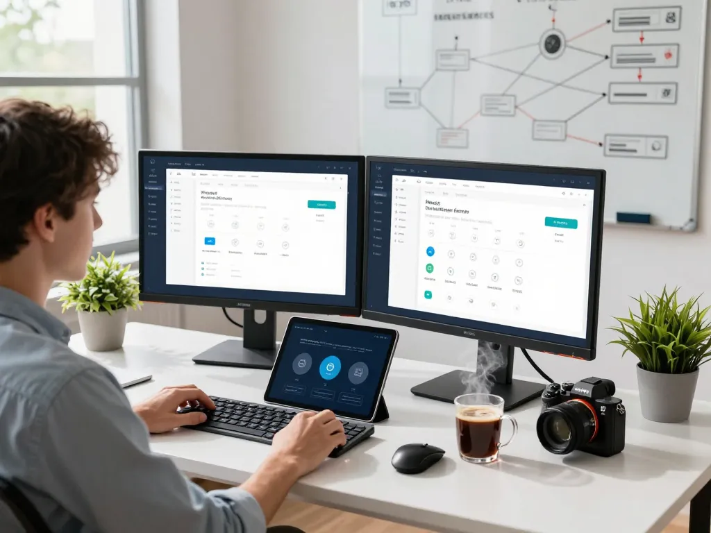 快连 application displayed on dual monitors in a modern tech workspace enhancing productivity.
