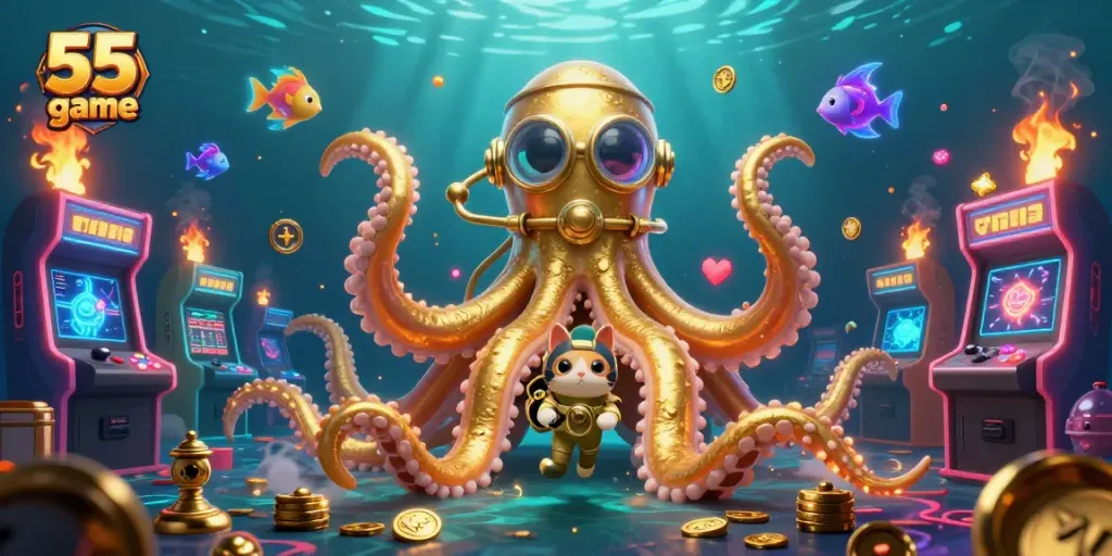 Experience the excitement of the 55 club game with vibrant underwater elements and a colossal kraken.