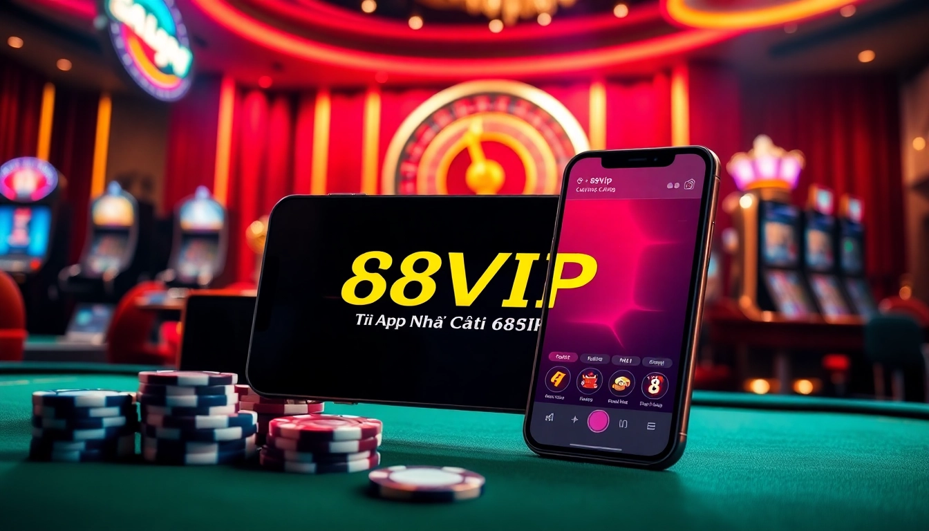 Tải App Nhà Cái 68VIP displayed on a luxurious smartphone amidst vibrant casino elements.