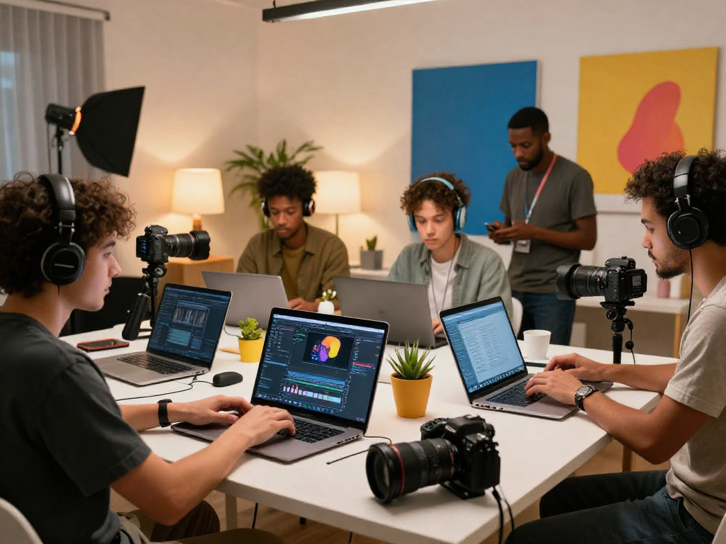 Collaborative nsfw content creation workspace with diverse creators engaging in professional production.