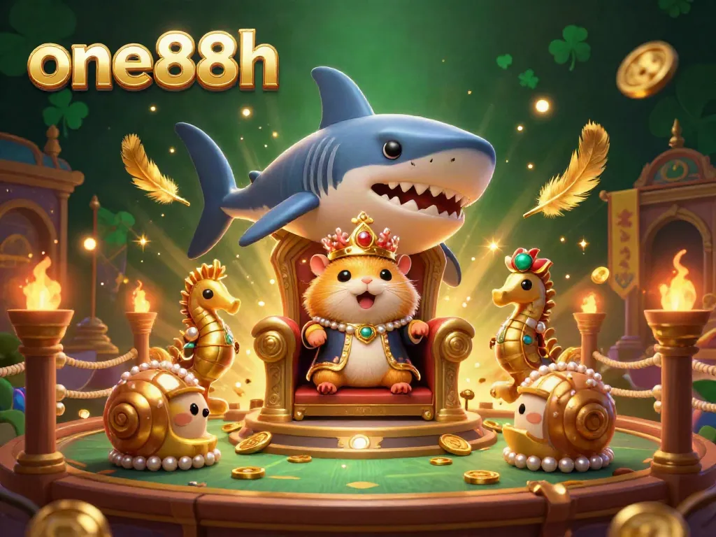 Experience the thrilling world of one88h with this dynamic 3D casino scene featuring a tiny golden hamster king and royal guards amidst swirling particles, embodying the essence of online gambling.
