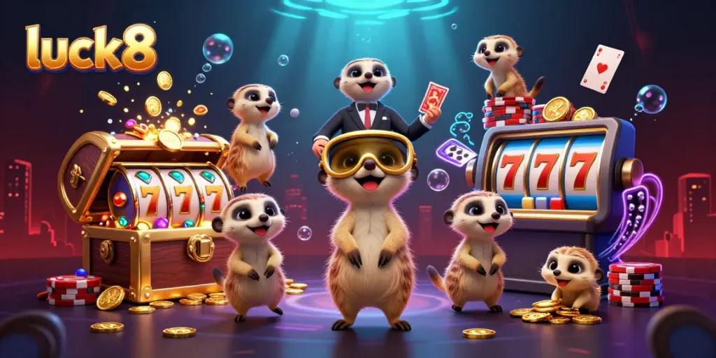 Luck8 meerkats enjoy a lively casino scene, spinning slots and winning jackpots