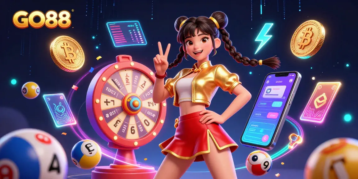 Experience the excitement of GO88 with vibrant graphics showcasing virtual casino elements like spinning wheels and neon coins.