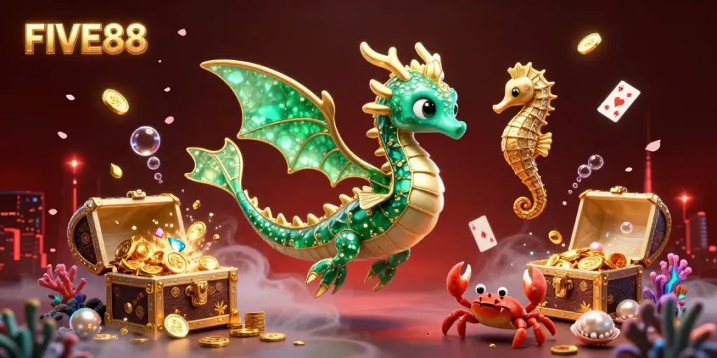 Engage in the world of FIVE88 with this vibrant underwater scene featuring a majestic sea dragon and gambling elements.