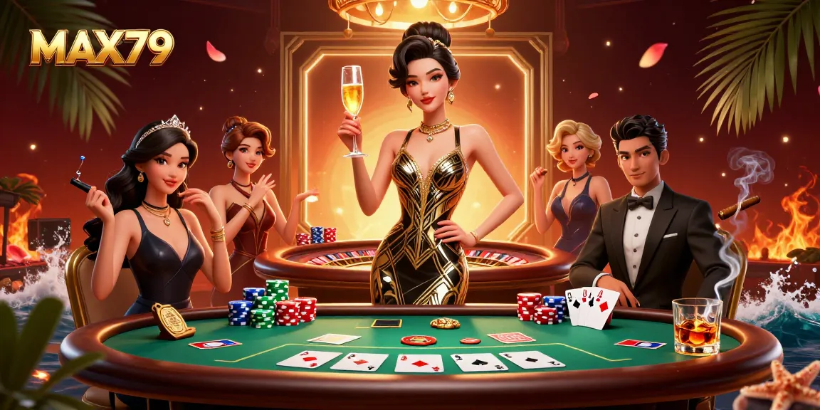 Experience MAX79's glamorous casino scene with a betting poker table and lavish decor.