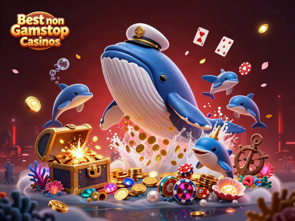 Engage with the Best non Gamstop Casinos featuring playful dolphins and a majestic whale in a dynamic illustration.