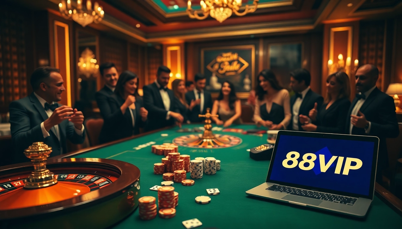 Engage in thrilling casino games at 68VIP with vibrant cards, roulette wheels, and excited players.
