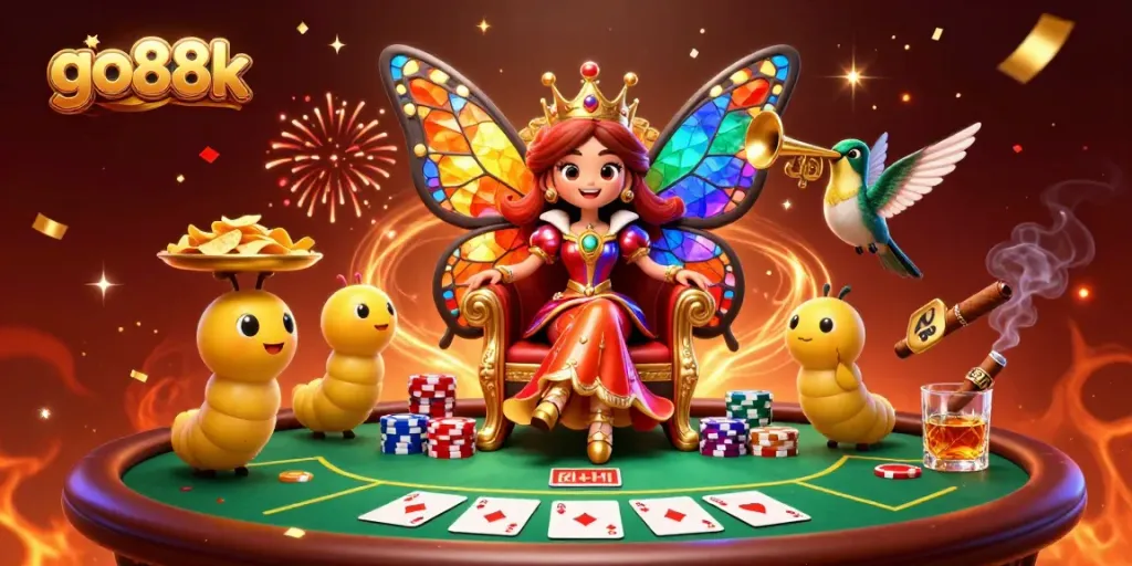 Engage with go88k's vibrant casino scene featuring a butterfly queen and poker excitement!