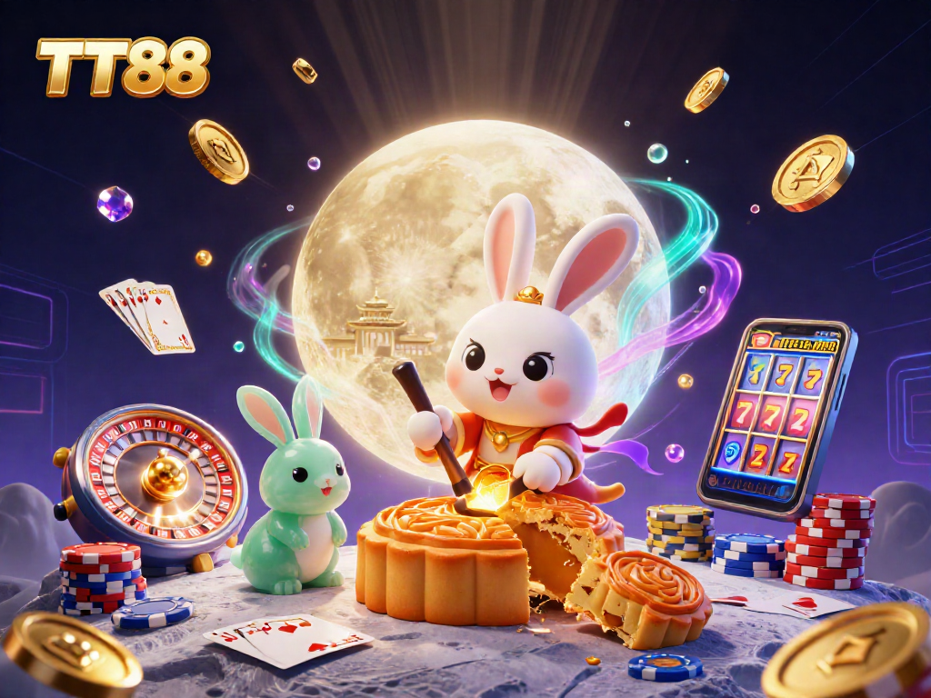 Experience TT88's thrilling gaming adventure with a vibrant 3D scene showcasing lively casino elements.