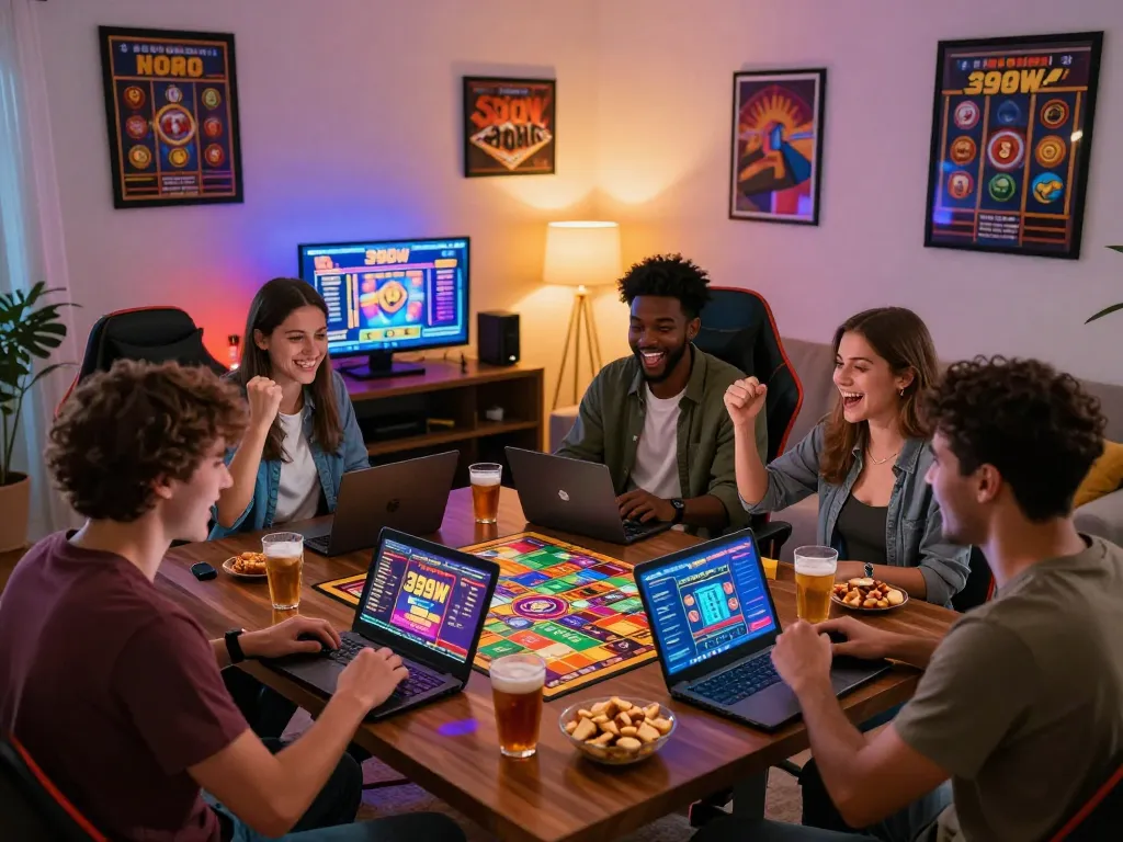 Friends enjoying an online gaming session with the 399W platform in a cozy setting.