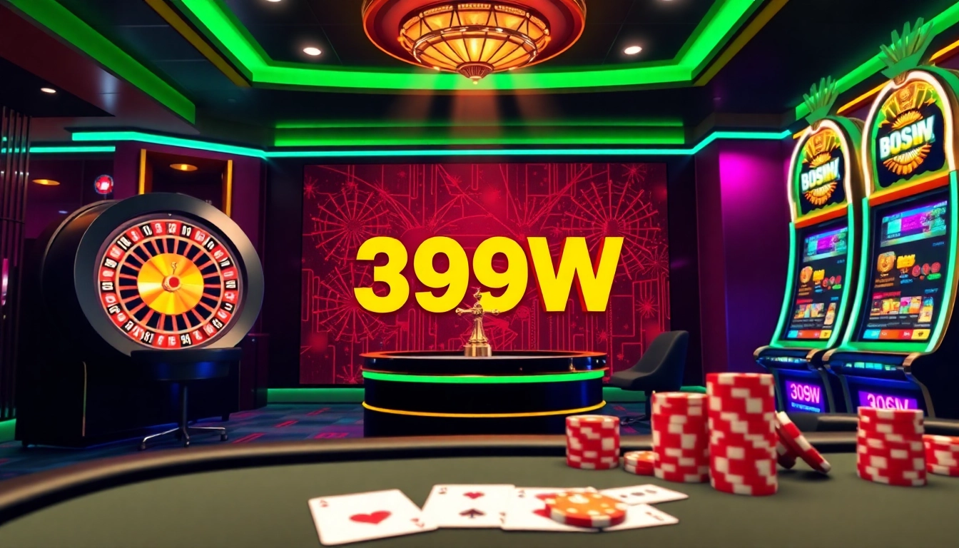 Exciting online gaming atmosphere showcasing 399W with roulette, poker chips, and vibrant slot machines.