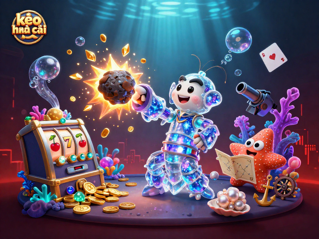 Engage with kèo nhà cái through a vibrant 3D slot scene bursting with gems and action.